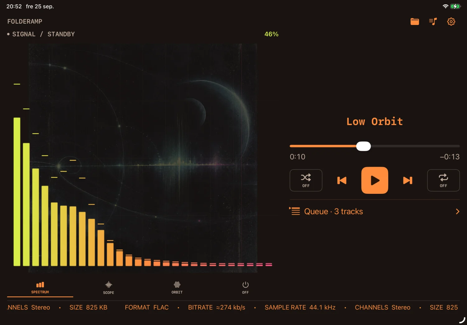 NITELOAD on iPad in landscape with its Spectrum visualizer, playback controls, queue, and scrolling file details